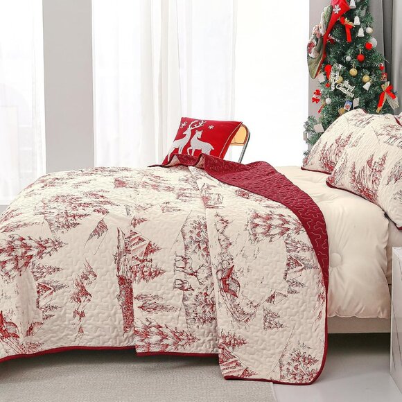 Christmas Quilt Set Queen Size, Red Hand-Painted Imagery Bedspread Coverlet Set - Picture 3 of 7